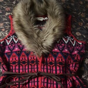 Red and Black Patterned Vest with Faux Fur Collar